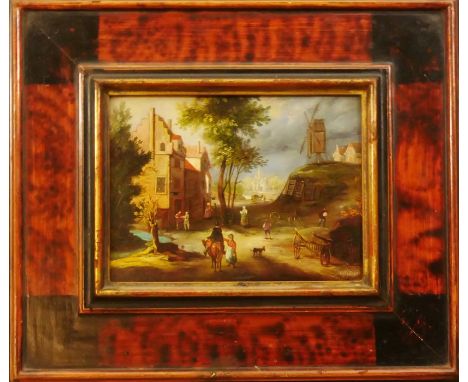 A group of seven paintings and printsComprising: Calzolari (20th century), A village scene, after Breughel, oil on metal, sig