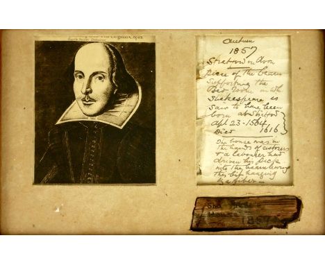 Three interesting historical oak relic fragmentsComprising: a fragment of oak from Shakespeare’s birth place mounted in a gla