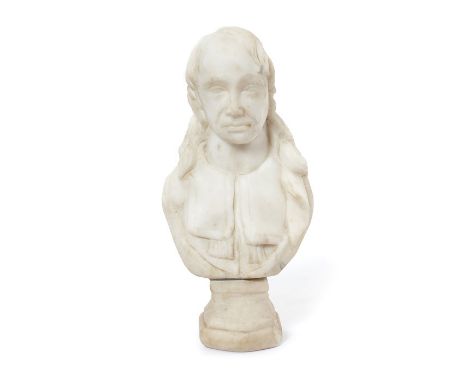 A carved white marble bust of the poet John Milton (1609-1674), 18th century, after a bust attributed to Edward PearceBased o