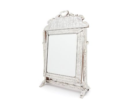 A large silver reproduction of a Charles II/James II chinoiserie dressing table mirror by L.A. Crichton, London, 1914With det