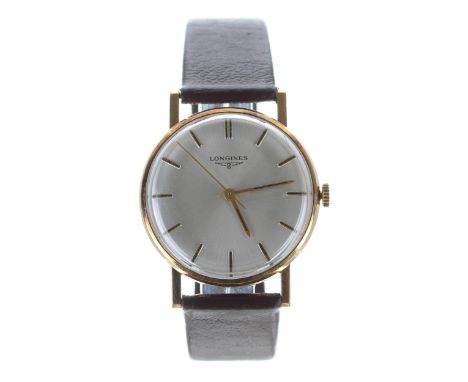 Longines 9ct gentleman's wristwatch, London 1971, silvered dial with applied baton markers and centre seconds, signed cal. 69