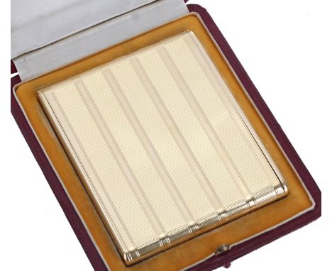 Fine Art Deco 18ct yellow gold engine turned cigarette case, 166.6gm, 4" x  3.25"-**in a red leather bound travel case-with C