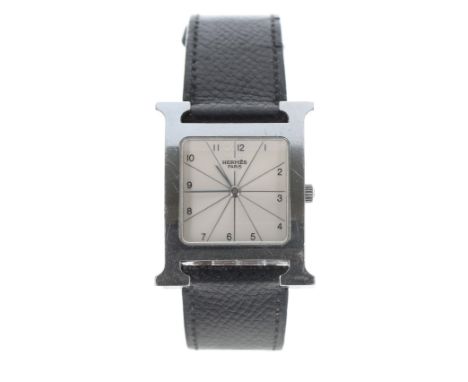 Hermes Paris Heure H stainless steel wristwatch, reference no. HH1.510, serial no. 2257xxx, square silvered dial, modern blac