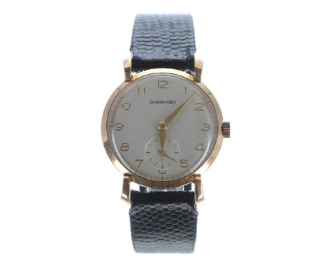 Garrard 9ct gentleman's wristwatch, London 1962, silvered dial with gilt applied Arabic numerals, minute markers and subsidia