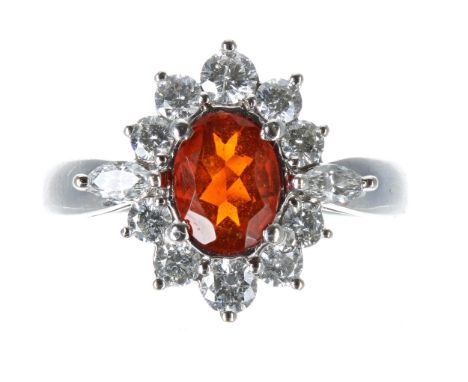 18ct white gold fire opal and diamond cluster ring, the opal 0.65ct approx, in a setting of round brilliant and marquise-cut 