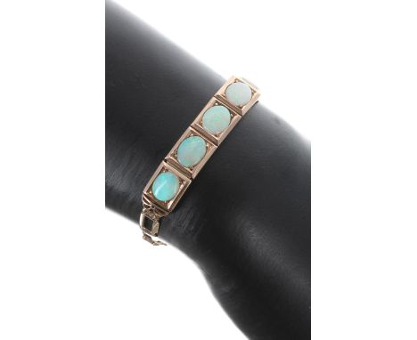 Attractive 14k yellow gold opal set bracelet,&nbsp;with five oval cabouchon opals each 0.80ct approx, width 10mm, 10.5gm, 6.5