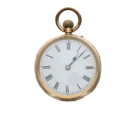 18ct cylinder engraved fob watch, metal cuvette inscribed 'M.A. Williams', 30.3gm, 34mm-Movement - currently functioning.Dial