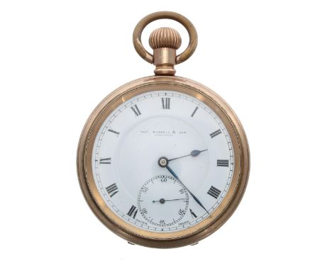 Thos Russell & Son gold plated lever pocket watch, signed 10 jewel movement, no. 3822, hinged cuvette, signed dial, within a 