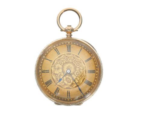 14ct cylinder fob watch, gilt frosted bar cylinder movement signed W & Cie, metal cuvette, gilt Roman numeral dial with flora