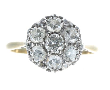 Attractive 18ct seven stone diamond cluster ring,&nbsp;round old-cuts, 1.25ct approx in total, clarity SI, colour G/H, 3.8gm,