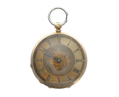 Swiss 18ct cylinder engraved fob watch, gilt Roman numeral dial in an engine turned and foliate case, 32.8gm in total, 38mm-M