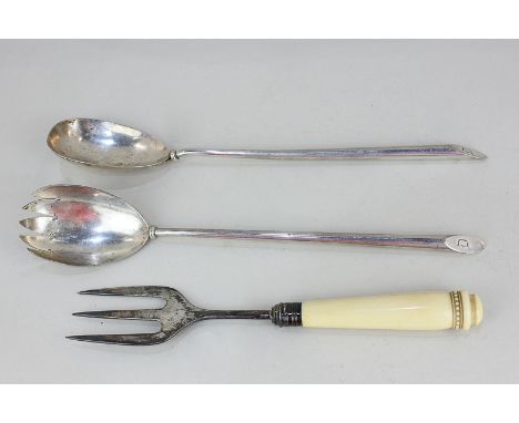 A pair of George V silver salad servers, maker William Hutton  Sons Ltd, London 1910, monogrammed, together with a Victorian 