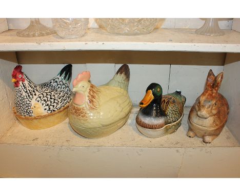 Two ceramic chicken shaped pots and covers (one a/f), and another of a mallard duck and a hare, 20cm