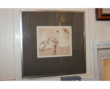 Jean Giraud, two nudes flying kites, etching, indistinctly inscribed and signed in pencil, 20cm by 23cm