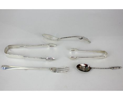 A pair of Victorian silver fiddle pattern sugar tongs, maker Charles Boyton, London 1850, another pair of tongs, a George V p