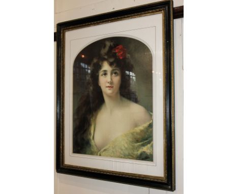 Victorian school, portrait of a lady with a red flower in her hair, colour print, 48.5cm by 38cm