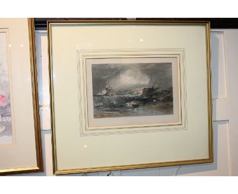 After J M W Turner, stormy seascape, Lyme Regis, coloured engraving by Jeavons, 20.5cm by 28.5cm