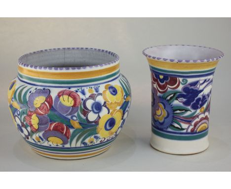 Two Poole Pottery vases, one of rounded form, the other of tapered form with flared rim, both decorated with brightly coloure