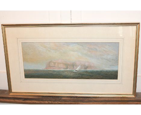 Kenneth Child, seascape, boat before a pink tinged coast, 'Isle of Staffa, Evening', oil on board, signed and dated 87, 17.5c