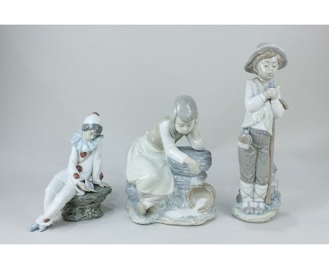 Three Nao porcelain figures of a seated clown with letter, a boy with bird, and a girl with spilt pail of milk, tallest 27cm 