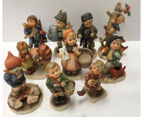 A collection of twenty Goebal Hummel figures including "Hear ye, hear ye", "Culprits", "For Father", "Village boy", "Chimney 