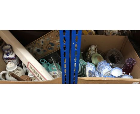 Two boxes of sundry china, glass etc to include Murano glass figure of a gentleman in a sombrero style hat, a cut glass boat 