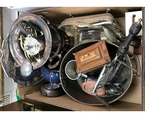 Two boxes containing assorted plated wares to include water jug, wine cooler, fruit basket, salver, vegetable tureen etc toge