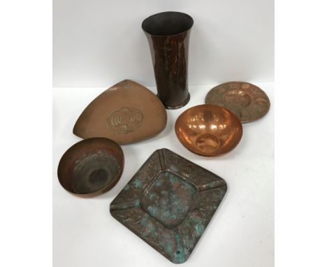 A collection of copper wares comprising a flared vase with engraved scrolling decoration, inscribed "KSIA" to base, 18 cm hig