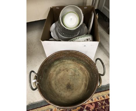 Two 19th Century copper pans with twin handles, together with a small collection of china wares to include a Portmeirion "Bot