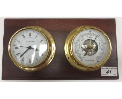 A Kelvin Hughes mahogany mounted barometer thermometer and clock, both with brass mounts, the white enamelled dials set with 