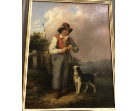 GARLAND AFTER WILLIAM MULREADY "Shepherd feeding sheepdog with bread by a gate with sheep and cottage in background", oil on 