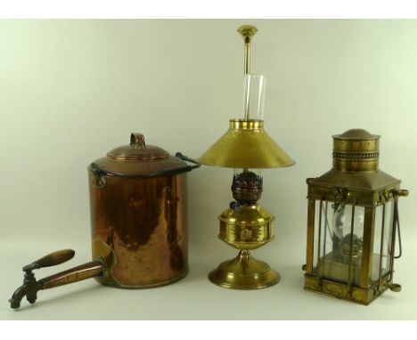 A Pullman adjustable brass oil lamp with enamel logo, 59cm, a 19th century copper tea urn with a wooden handle, 38cm and a Da