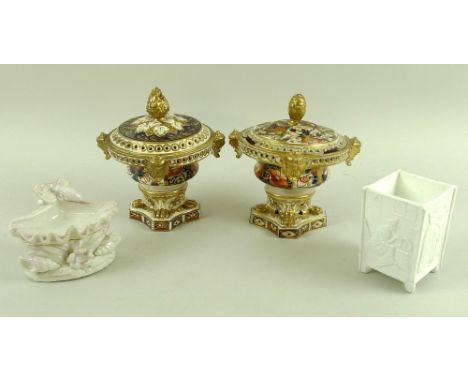 A near pair of Derby imari pot pourri vases with covers, 14 by 14cm, one marked Bloor Derby, together with a Sowerby pressed 