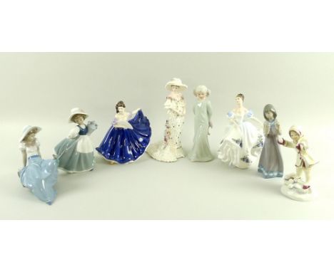 A group of figurines, comprising a Royal Worcester 'December', modelled by  F. G. Doughty, 3458, 16cm, Royal Doulton 'Elaine'