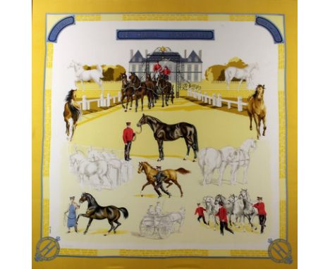 An Hermes scarf depicting Les Haras Nationaux, Sellerie, Service de Garde, the yellow border framing various depictions of ho