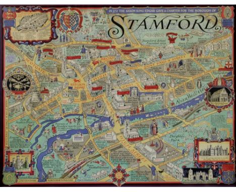 After Wilfrid Rene Wood (1888-1976): an 'Illustrated Street Map of Stamford', coloured lithograph, signed and dated 1950 to t