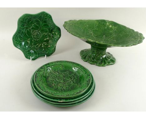 A selection of 19th century and later ceramics including a pair of floral painted plates with green band to rims and scrollin