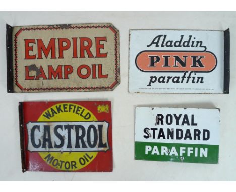 A group of four early to mid 20th century double sided enamelled advertising signs, one reads Empire Lamp Oil on cream ground