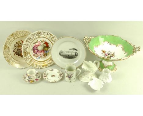 A collection of ceramics including a Rockingham comport with painted floral central design, green rims and gilded detailing, 