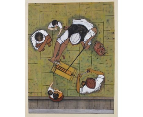 Jayant Sidhpura (Indian, 20th century): 'Sharpener', a study of men at work, watercolour, signed lower right, with legend ver