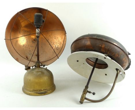 A 1950s Tilley Radiator with large concave copper reflector, model R.1, brushed gold base, brass mounts and wooden handle to 