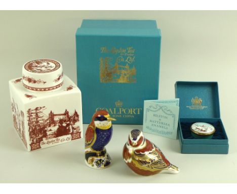 A group of bone china, comprising a Royal Crown Derby sparrow, 9 by 7cm, a Royal Crown Derby 'Bee-eater', 4 by 10.5cm, a Coal