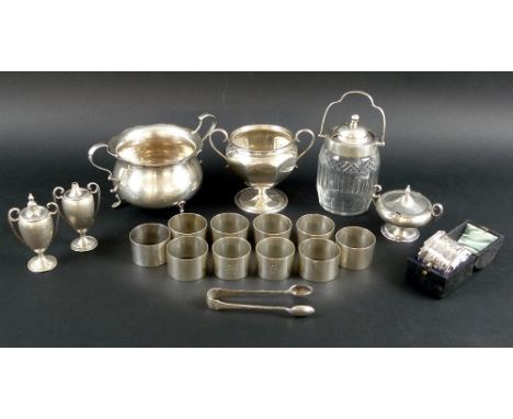 A selection of silver items including a sucrier with shaped rim, three trefoil pad feet, London 1922, Robert Pringle & Sons, 