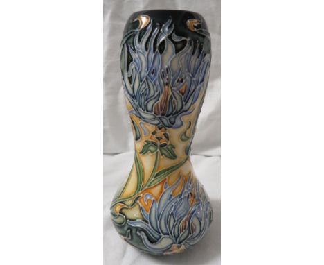 Moorcroft pottery Montana baluster vase with bulbous neck, dark green ground graduating to yellow, tube lined decoration of p