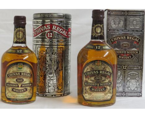 Two boxed bottles of Chivas Regal blended Scotch whisky, 12 years old (1 litre and 75cl)