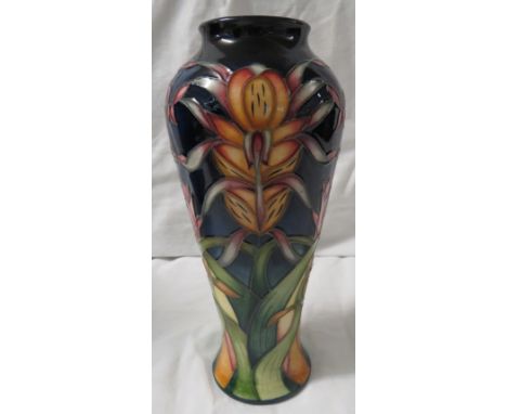 Moorcroft pottery Lizard Orchid three star members vase, high shouldered baluster form, dark blue ground graduating to blue/g