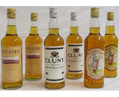 Two bottles of Roderick Dhu blended Scotch whisky, 70cl; two bottles of Cluny blended Scotch whisky, 70cl; and two bottles of