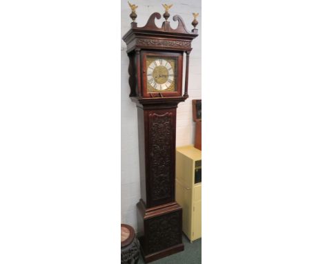 An eight day long case clock, brass dial engraved with sprays, silvered Roman chapter ring signed R. Felton Bridgnorth, appli