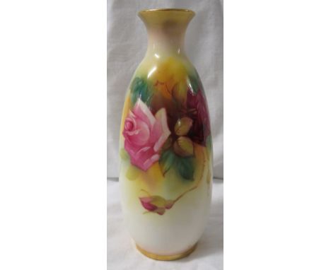 Royal Worcester porcelain vase, slender ovoid form, hand painted decoration of pink roses, signed M Hunt, puce transfer mark,