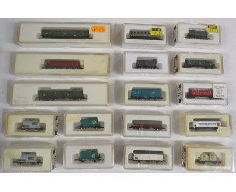 Seventeen boxed Marklin mini-club z gauge model carriages and rolling stock - 8731, 8732, 8650, 8614 (four), 8609, 8700, 8653